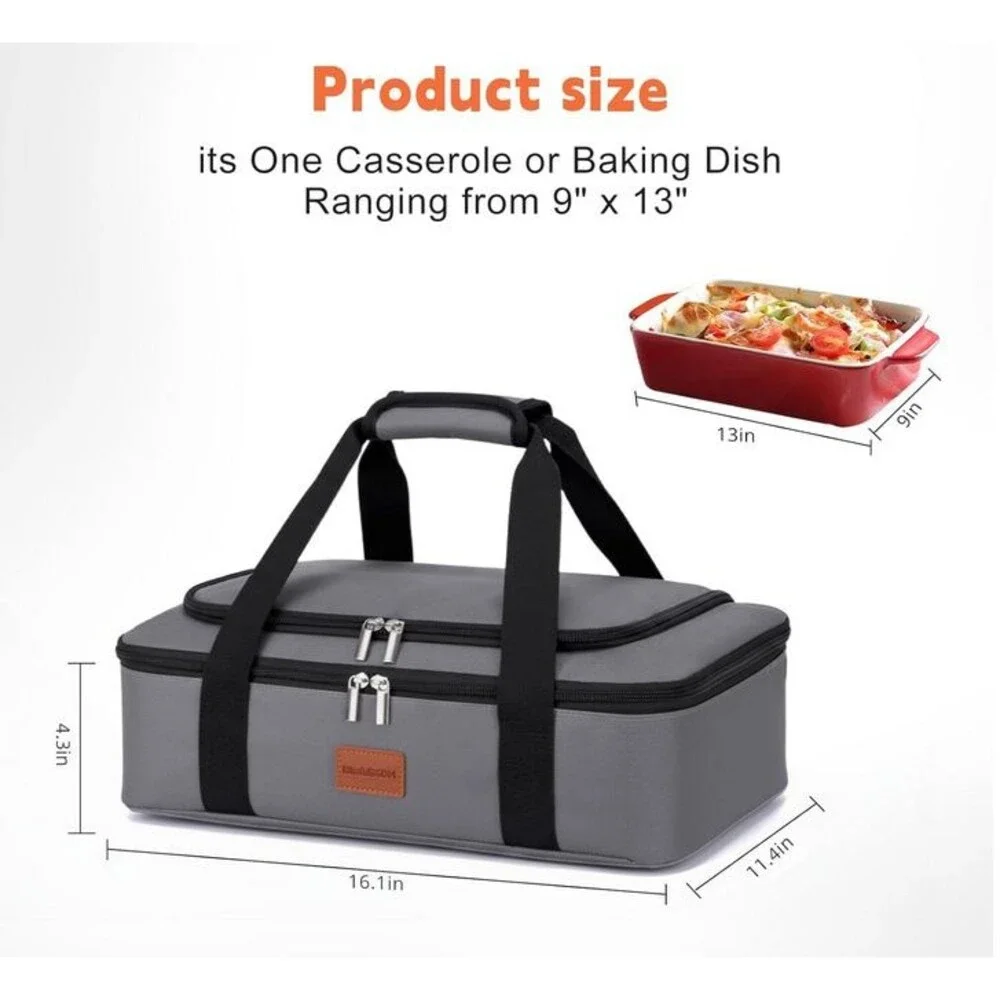 Gray Bag Portable Insulated Casserole Carrier, Leakproof Food Carrier Hot/Cold